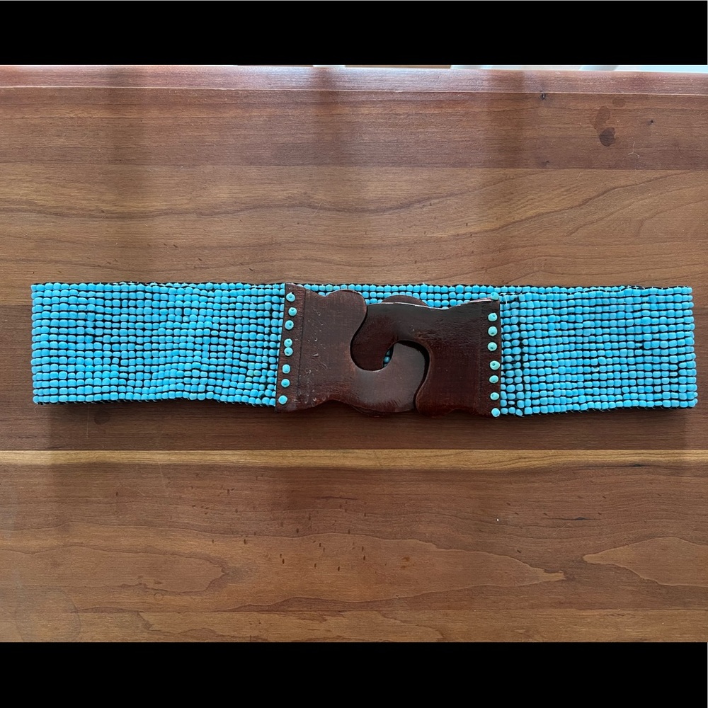 Turqouise Beaded Waist Belt with Wood Detail